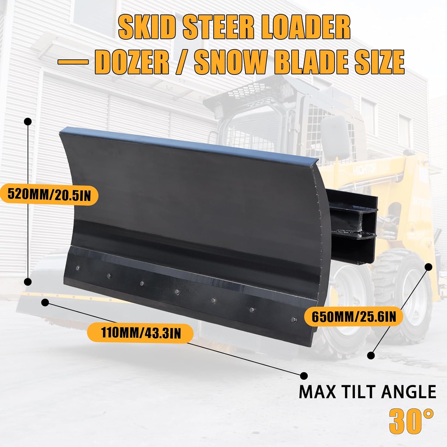 MMS Mini Skid Steer Loader Attachments Hydraulic Dozer Blade, 43" Wide Snow Plow Blade, Max Tilt Angle of 30 °, Loader Accessory for Handling Snow, Accumulated Soil and Debris