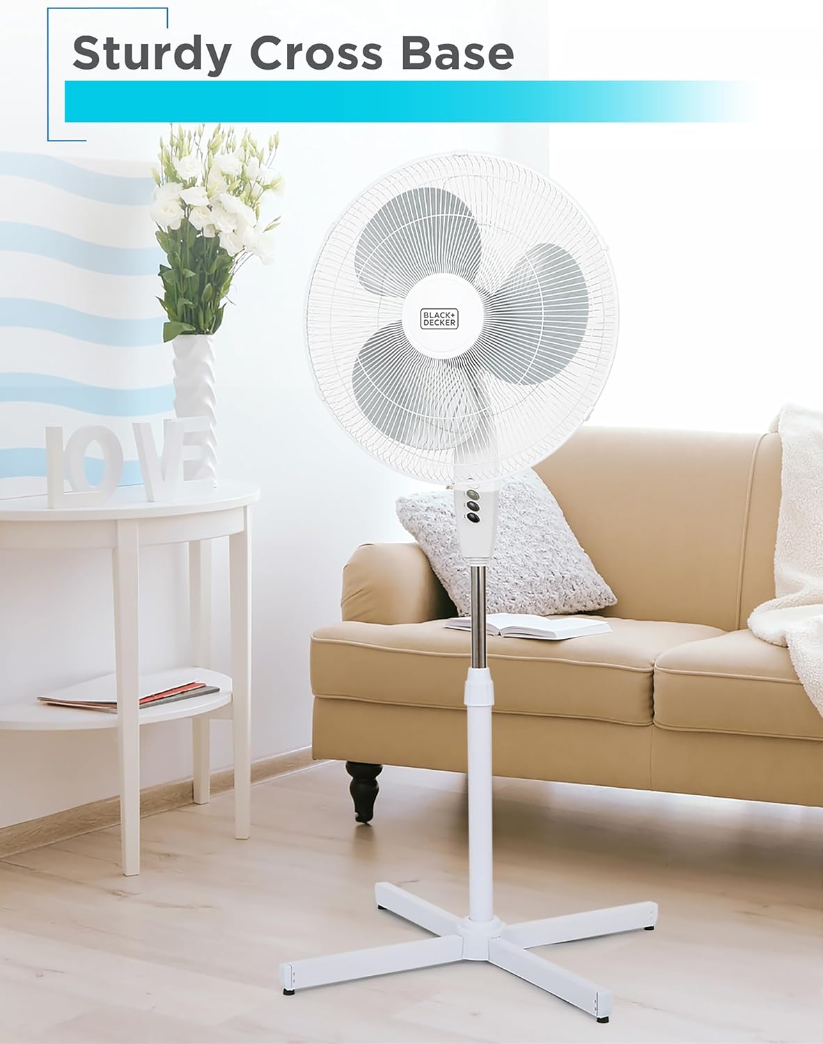 BLACK+DECKER 18-Inch Pedestal Fan, BFP18SXW, Oscillating Fan for Home and Office, Standing Fan with 3 Speed Settings, Height Adjustable with Adjustable Head Tilt, White