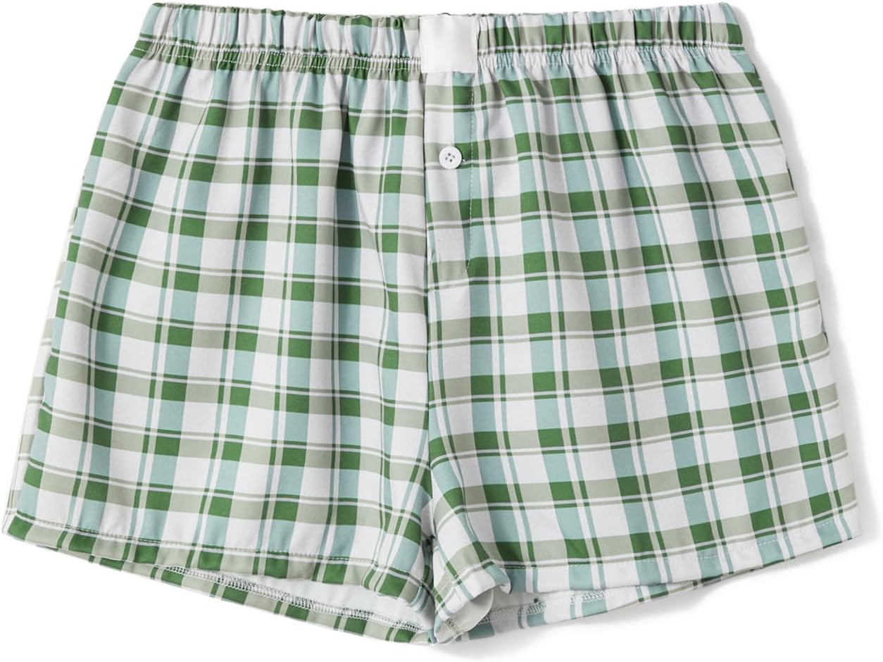 Women Gingham Boxer Shorts Y2k Cute Stripes Plaid Button Elastic