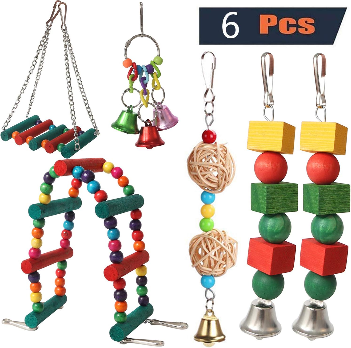 PUPOUSE 6 Pack Bird Parakeet Toys - Bird Hanging Toys with Bell Wood Climbing Ladder Toy Bird Chew Toys Bird Nest and Perch, for Conures Parrots Parakeets Cockatiels Macaws Finches