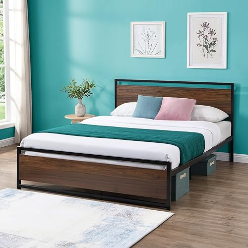 Miniatura 9 de GPCRAC Base de cama de plataforma de metal tamaño matrimonial con cabecera y estribo rústicos, base de colchón, soporte de listones de acero fuerte,