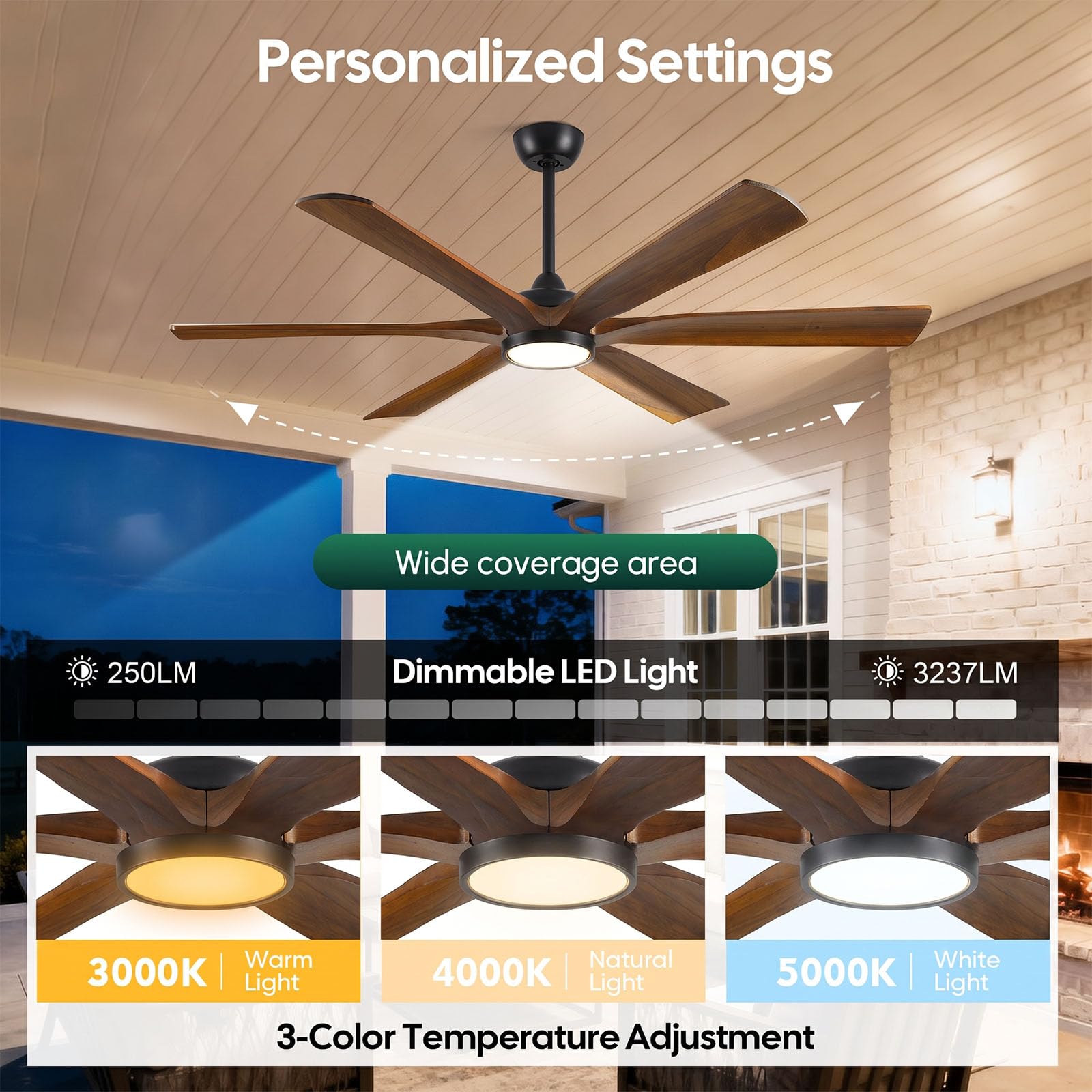 152cm-Deckenventilator mit Beleuchtung und Fernbedienung – Moderner Farmhouse-Stil, 6 braune Massivholzflügel, leistungsstarker und leiser DC-Motor mit Reversierfunktion – Für Innenräume Schlaf