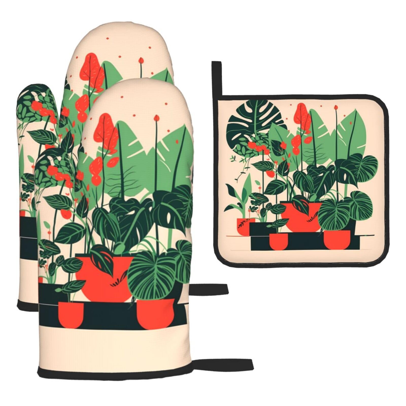 Potted Turtleback Bamboo Oven mittens and oven mitts three-piece set suitable for oven, grilling, baking, microwave and home cooking.