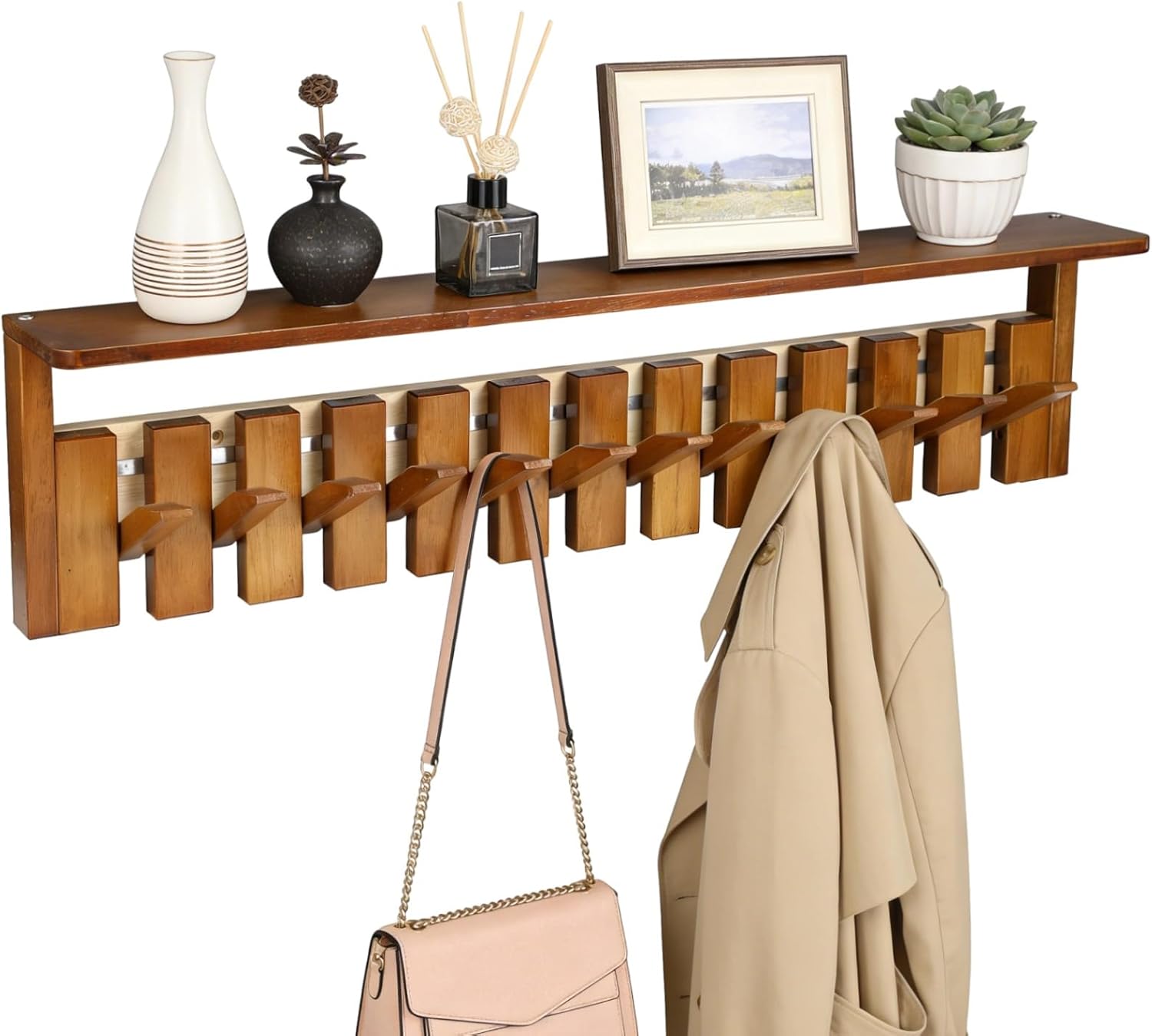 Wall Mounted Coat Rack, 12-Hook Solid Wood Piano Key Hanger with Flip-Down Design, Space-Saving Organizer for Coats, Hats, Bags, Ideal for Entryway, Kitchen, Bedroom & Bathroom