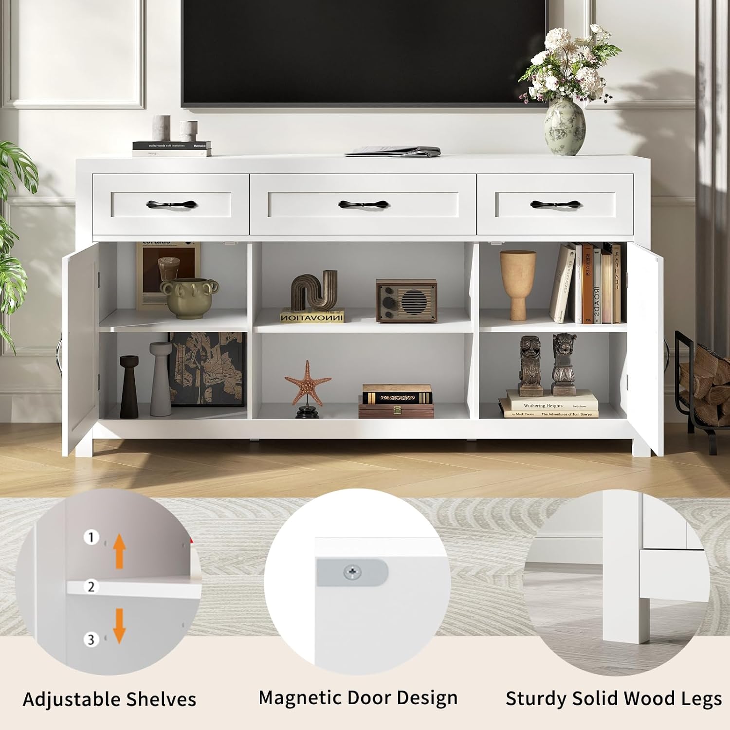 Farmhouse TV Stand for 55 Inch TV, TV Console Table Entertainment Center with Doors & Vintage Handles & Adjustable Shelf, Media TV Console Table for Living Room, White