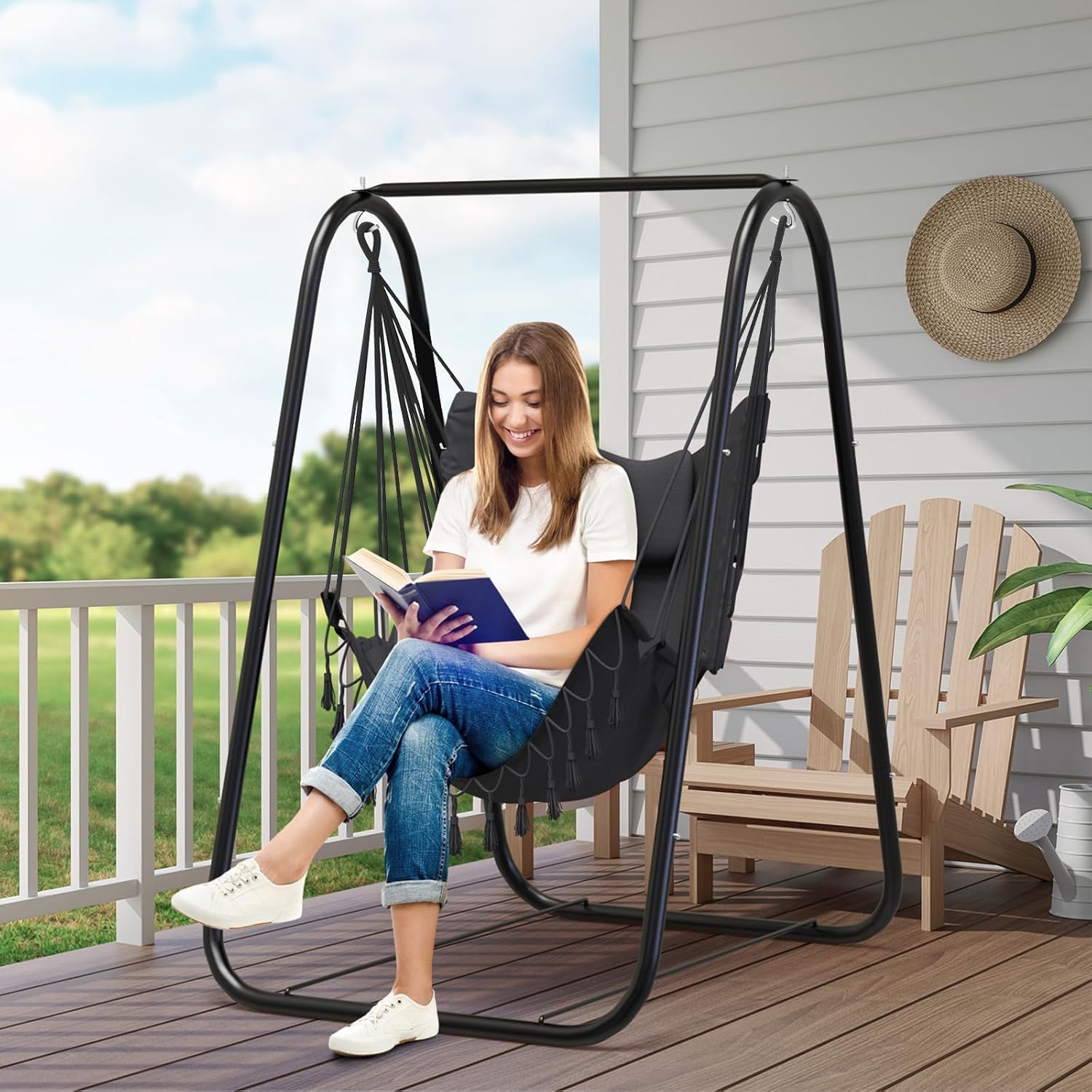 Silla colgante de acero inoxidable de alta resistencia con estructura para interior y exterior | Soporte robusto, fácil montaje, diseño ergonómico que ahorra espacio para terraza, jardín, patio y porche