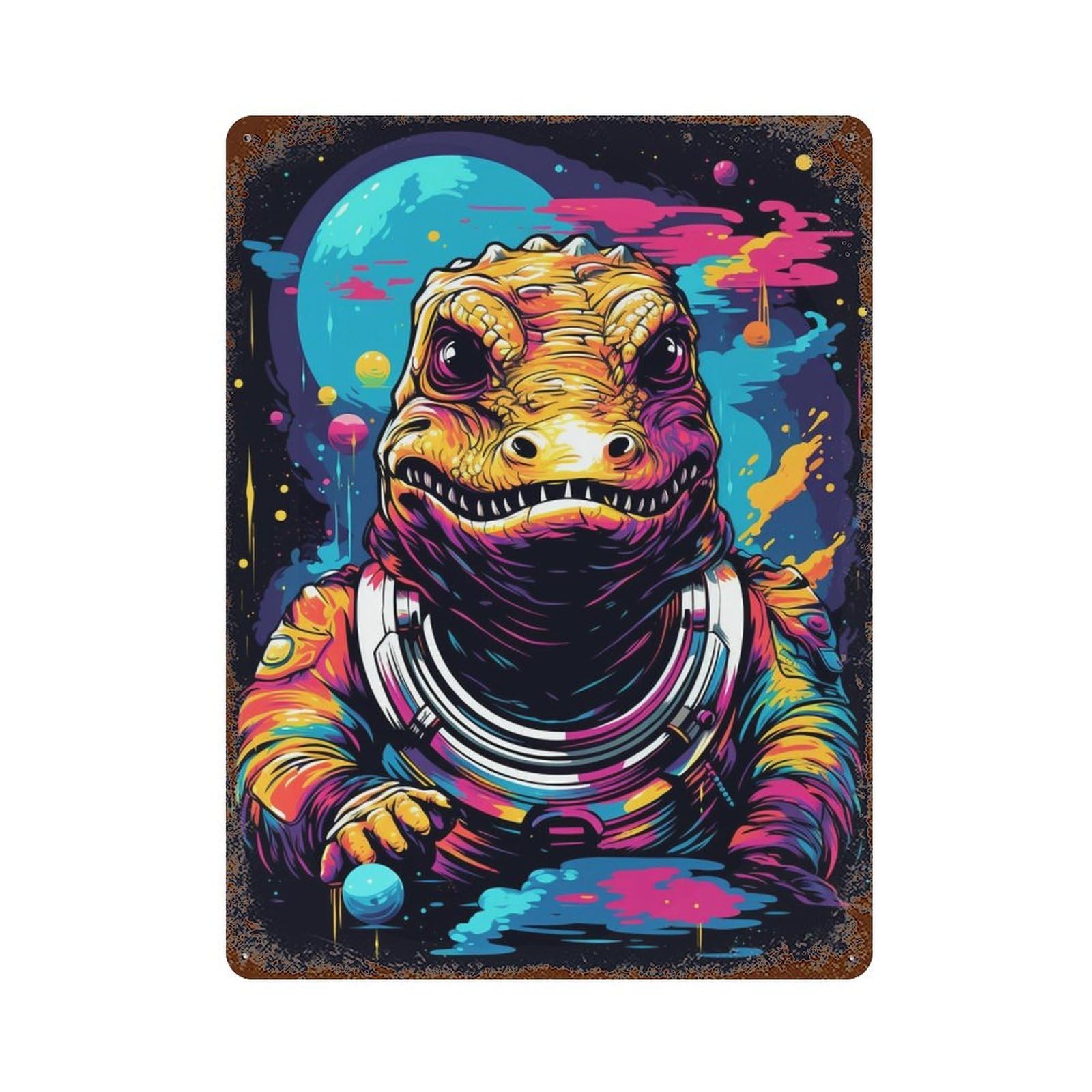 Space Dinosaur Astronaut Art Print Distressed Metal Wall Sign 15.7"x11.8", Shabby Chic Decor for Garage, Pub Or Kitchen