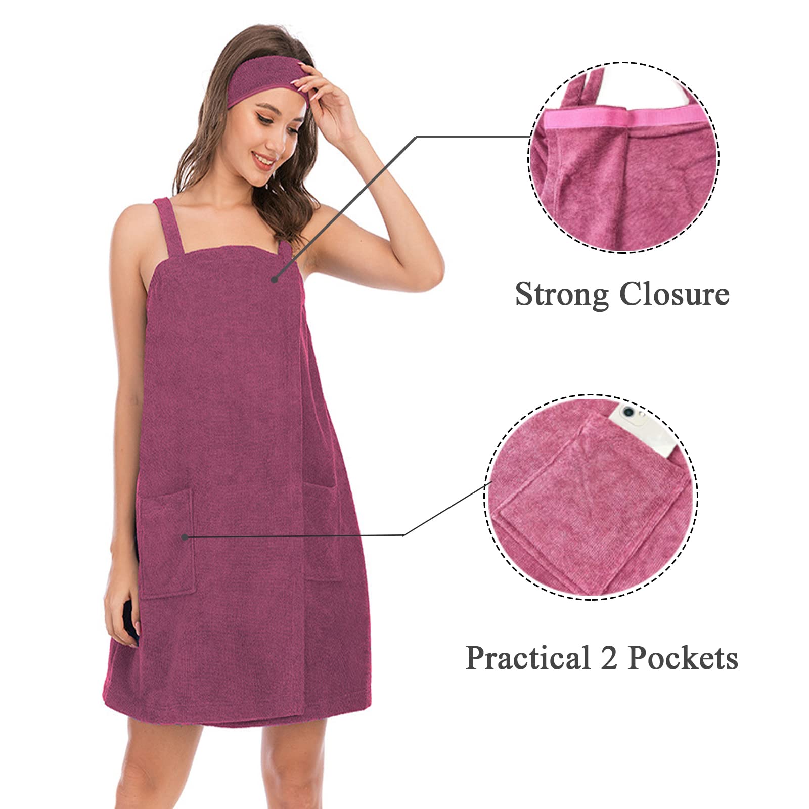 Verve Jelly Women's Bath Wraps Spa Shower Towel Wrap Adjustable Bath Towel Wrap with Straps Pocket Facial Headband Purple Large - Image 3