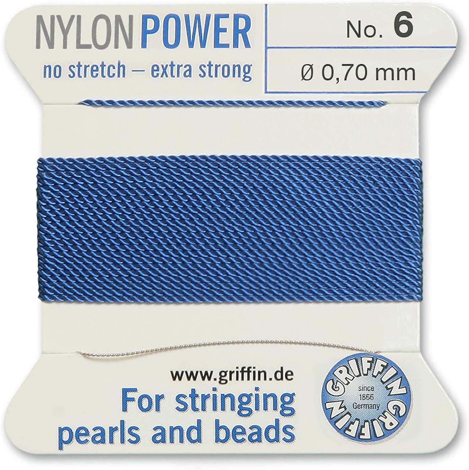 Griffin Bead Cord Nylon Blue #6 - Griffin NylonPower with Stainless Steel Needle Attached – for Knotting Pearls, Gemstones, Crystals and Beads
