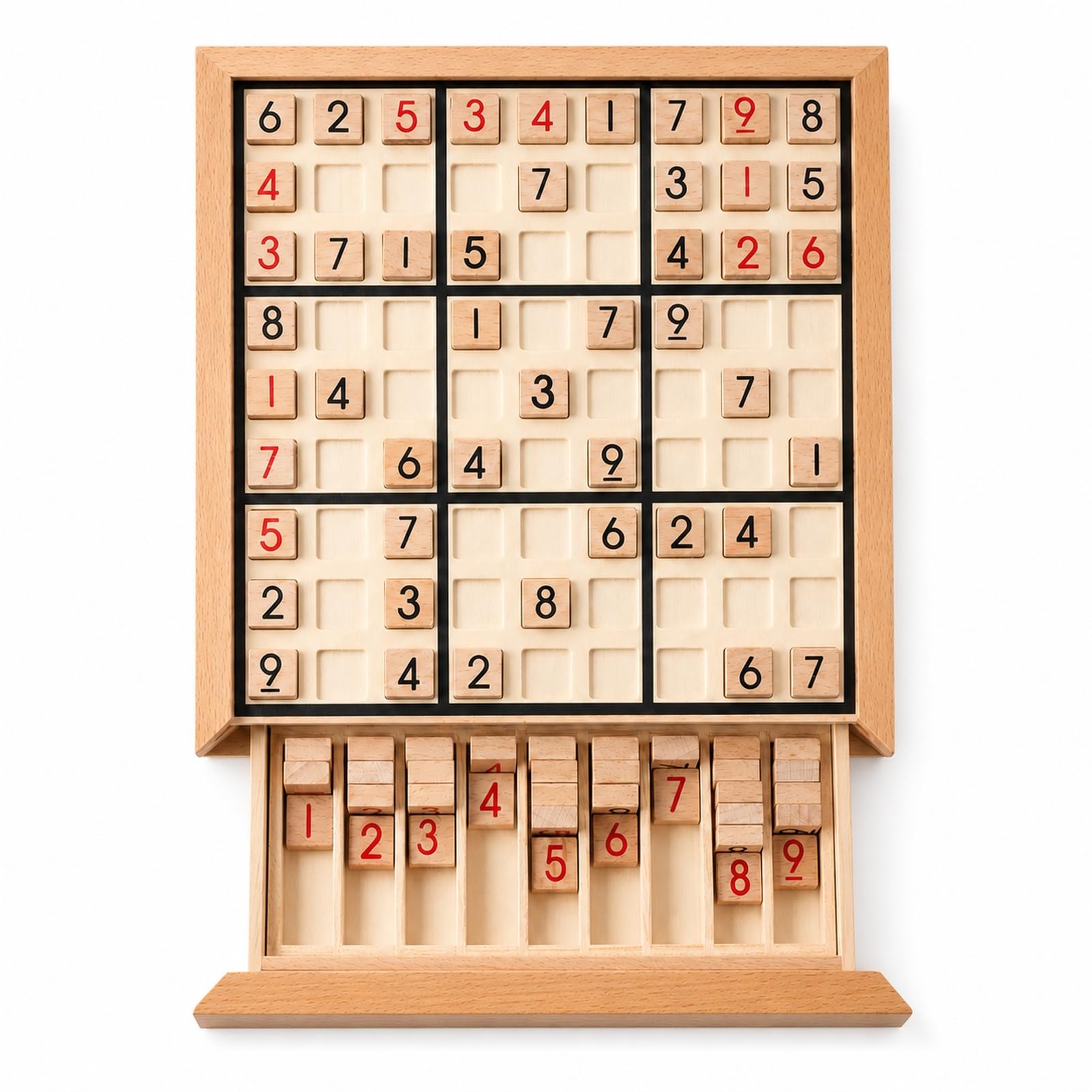 Wooden Sudoku​ Puzzle Game​ with Storage Drawer,​ Board Game for Adults, 9x9 Logic​ Puzzle​ for Brain Training, Travel, Family Night, Desk Games (Wooden Board)