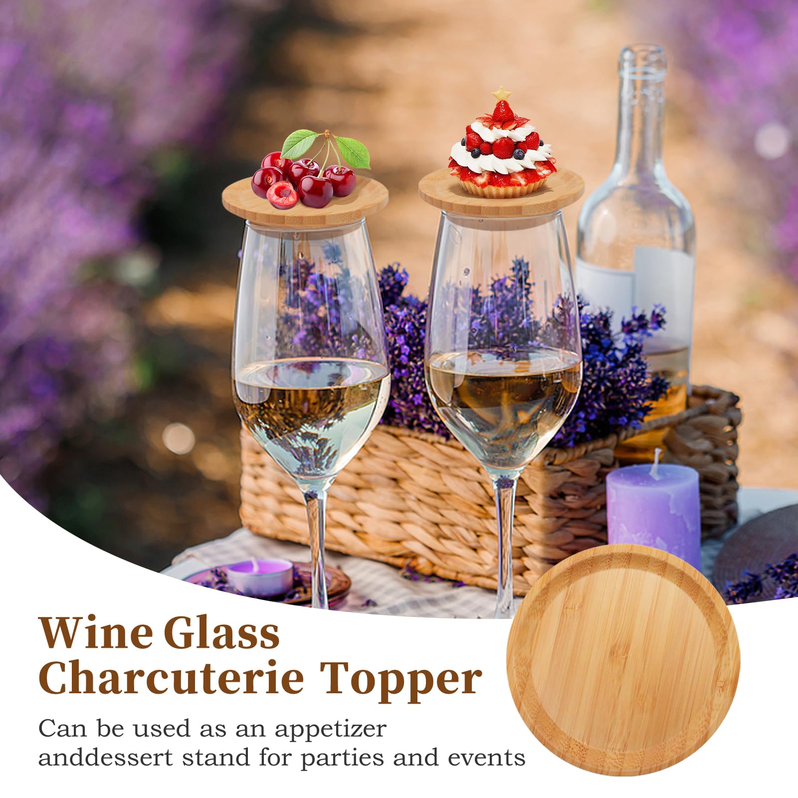 12 Pezzi Topper Per Bicchieri da Vino in Bambù Circolare Wine Glass Charcuterie Topper Resistente alla caduta Bicchieri Vino Tagliere per Salumi Adatto per Antipasti e Dessert