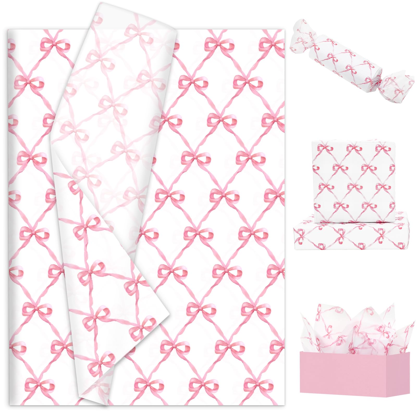 FYSUIMU 100Pcs Pink Bow Tissue Paper White Pink Bow Tie Gift Wrapping Paper Sweet Art Tissue for DIY Crafts Flower Valentines, Birthday Wedding
