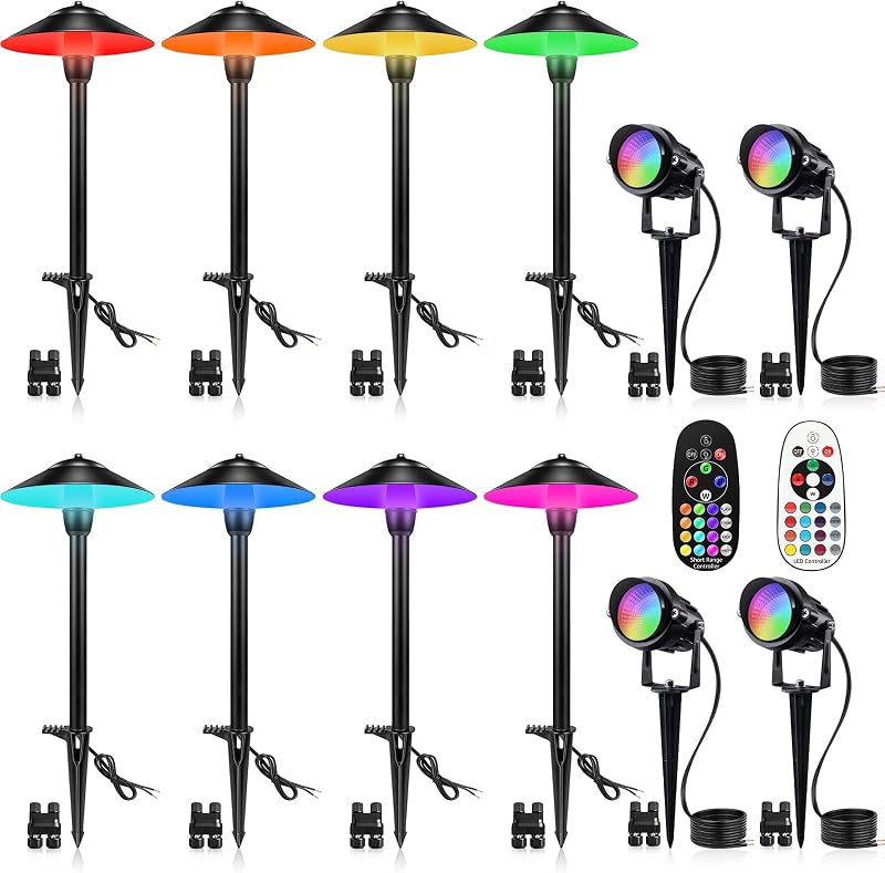 RGBW Landscape Lighting Kit 12V Low Voltage Landscape Lighting with Connectors, Color Changing Low Voltage Pathway Lights Wired with Spotlights Waterproof for Holiday Patio Garden Yard,12 Pack