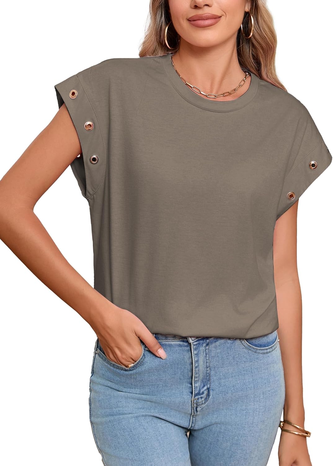 Famulily Womens Crewneck Cap Sleeve with Grommet Detail Tunic Tops Casual Loose Fitting Solid Basic Tee Shirt