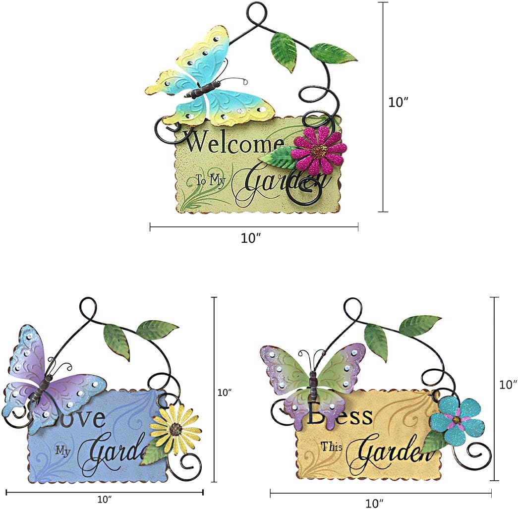 Morning View Set of 3 Vintage Metal Garden Sign with Butterfly Daisy and Leaf, Decorative Hanging Welcome Plaque for Garden Patio Porch Yard Wall Outdoor Decor
