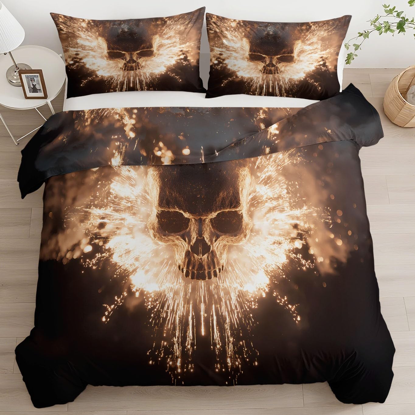 Fantasy zestaw pościeli z motywem płomieniowej czaszki, czarny, 240 x 220 cm, dla dzieci, chłopców, dziewczynek, nastolatków, do pokoju, miękka poszewka na kołdrę z mikrofibry z 2 poszewkami
