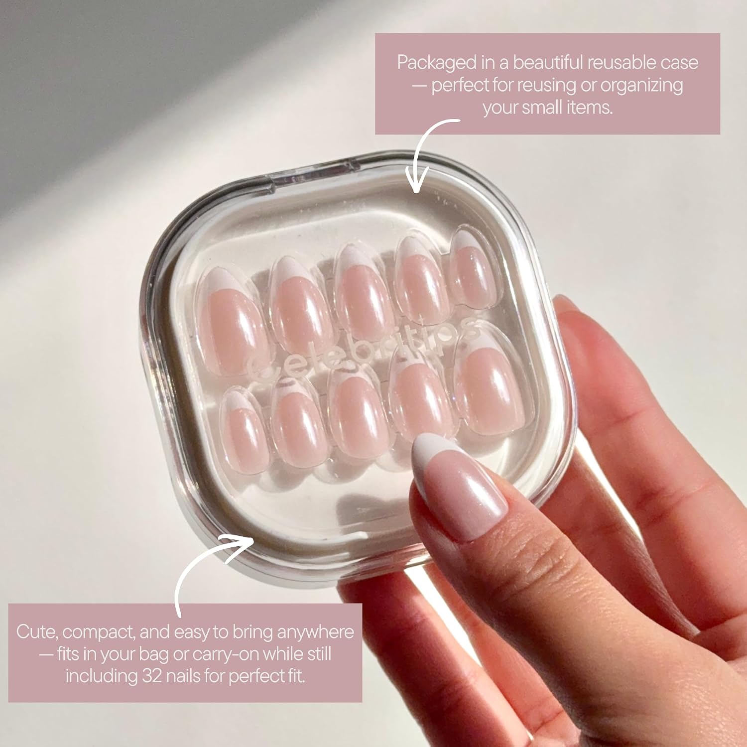 Celebritips Nail Art Press-Ons | Short Almond Nails, Reusable | 16 sizes - 32 Nails Kit with Super-hold Nail Glue and Sticky Tabs (Classic French Glaze)