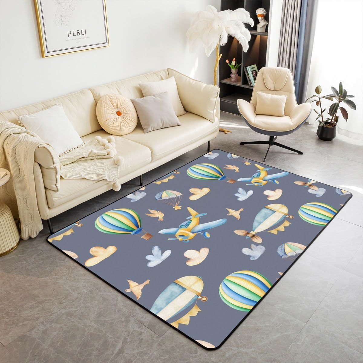 Erosebridal Blue Aircraft Area Rug 3x5,Brown Beige Airplane Non Slip Rug,Cartoon Elephant Carpet,Rainbow Hot Air Balloon Indoor Floor Mat,Colorful Stars Decorative Accent Rug Animal Room Decor