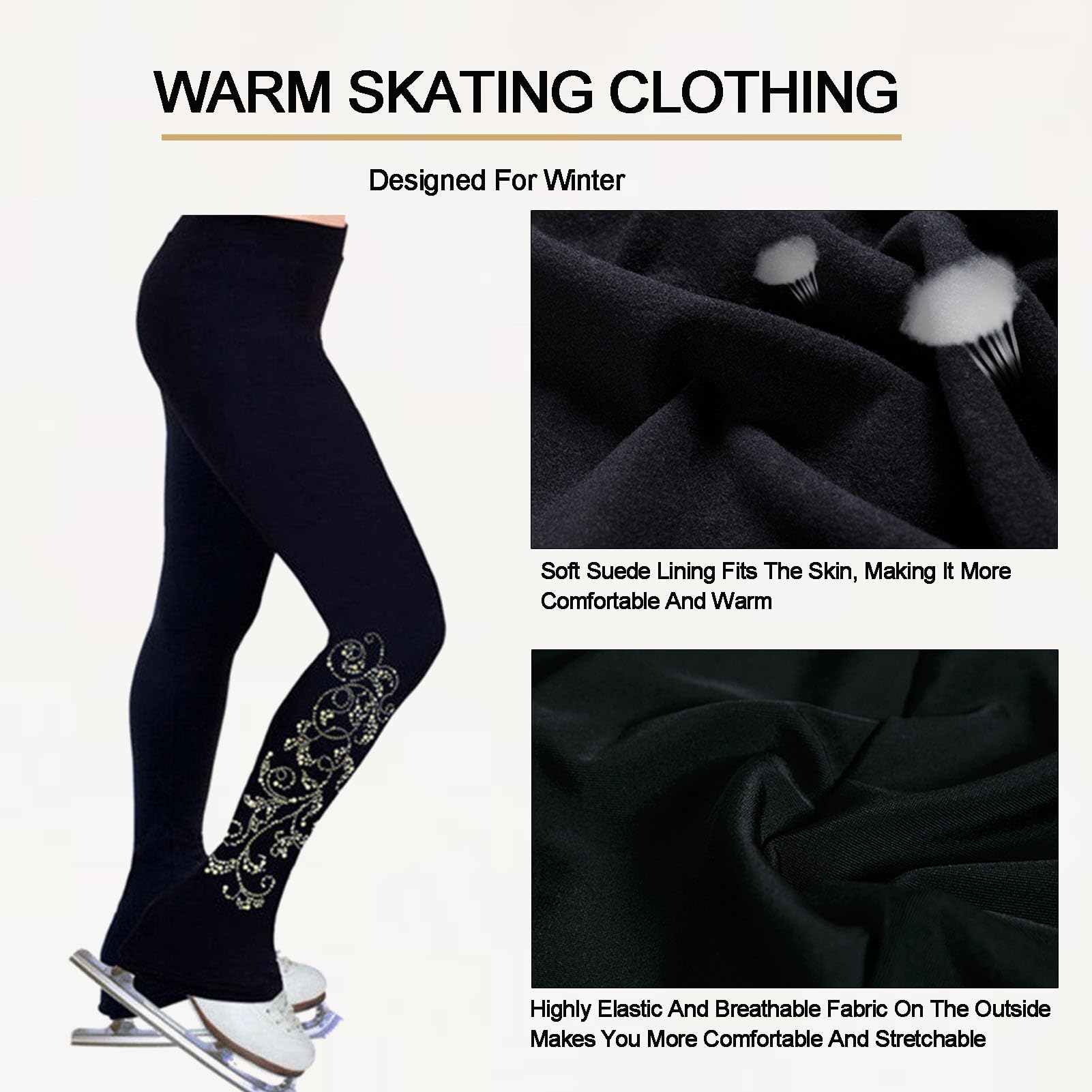 Femmes Filles VêTements D'EntraîNement, Noir Pur Pantalons Patinage Artistique Leggings Pantalon Patinage sur Glace, Veste Leggings Patinage