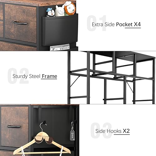 Miniatura 6 de Himusi Cómoda para dormitorio con 10 cajones torre de almacenamiento de tela con bolsillos laterales cómoda alta para guardería pasillo armarios