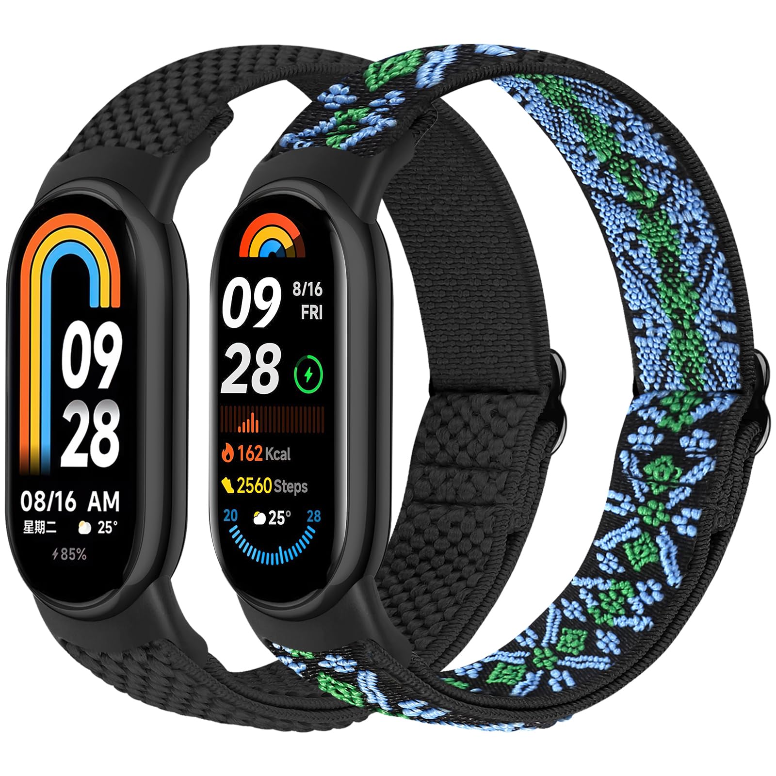 BTTNG Elastische Nylon Armband Nur Kompatibel mit Xiaomi Smart Band 10/9/8, Verstellbare Dehnbare Armbänder Sport Ersatz Armband für Xiaomi Mi Band 8/Mi Band 9/Mi Band 10 Herren Damen (2 Stück)