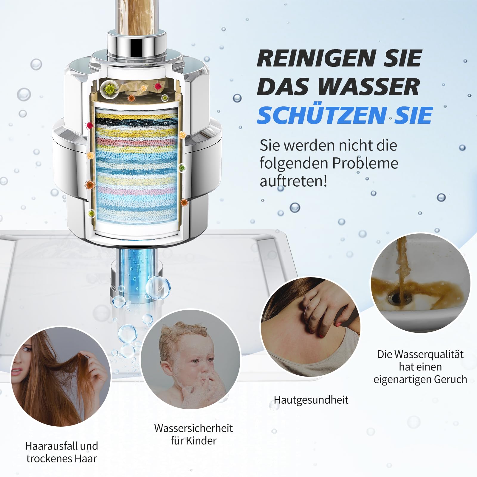 -SR SUN RISE Shower Filter & Duschfilter 20-Stufen mit 3 Filterpatronen - Wasserfilter Dusche gegen Kalk/Chlor/Fluorid verbessert Haut- & Haargesundheit - Chrom