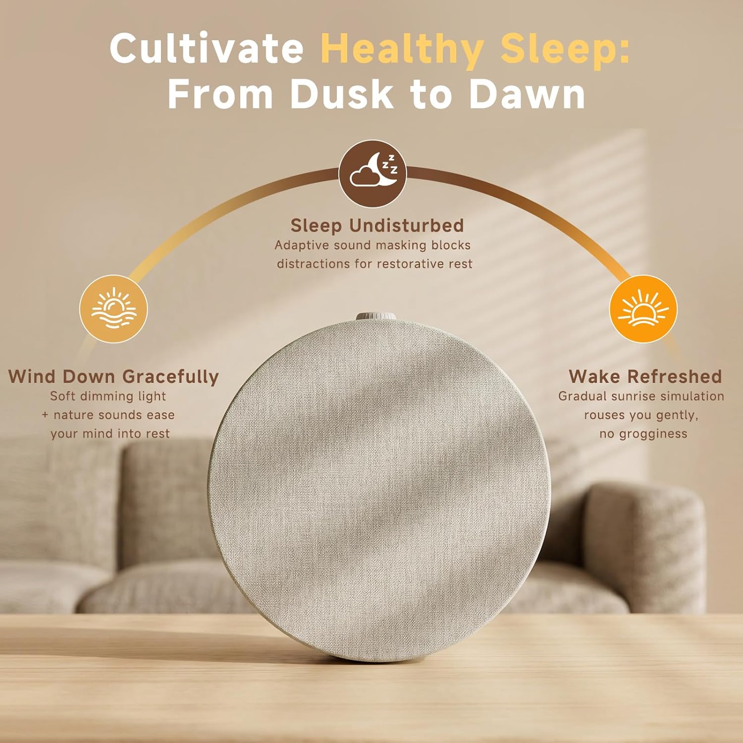 Sunrise Alarm Clock White Noise Machine | Natural Wake-Up Light for Bedroom with 30 Soothing Sleep Aids, Bluetooth Speaker, Dimmable Clock, Screen-Free Design for Baby Adults Kids-Khaki