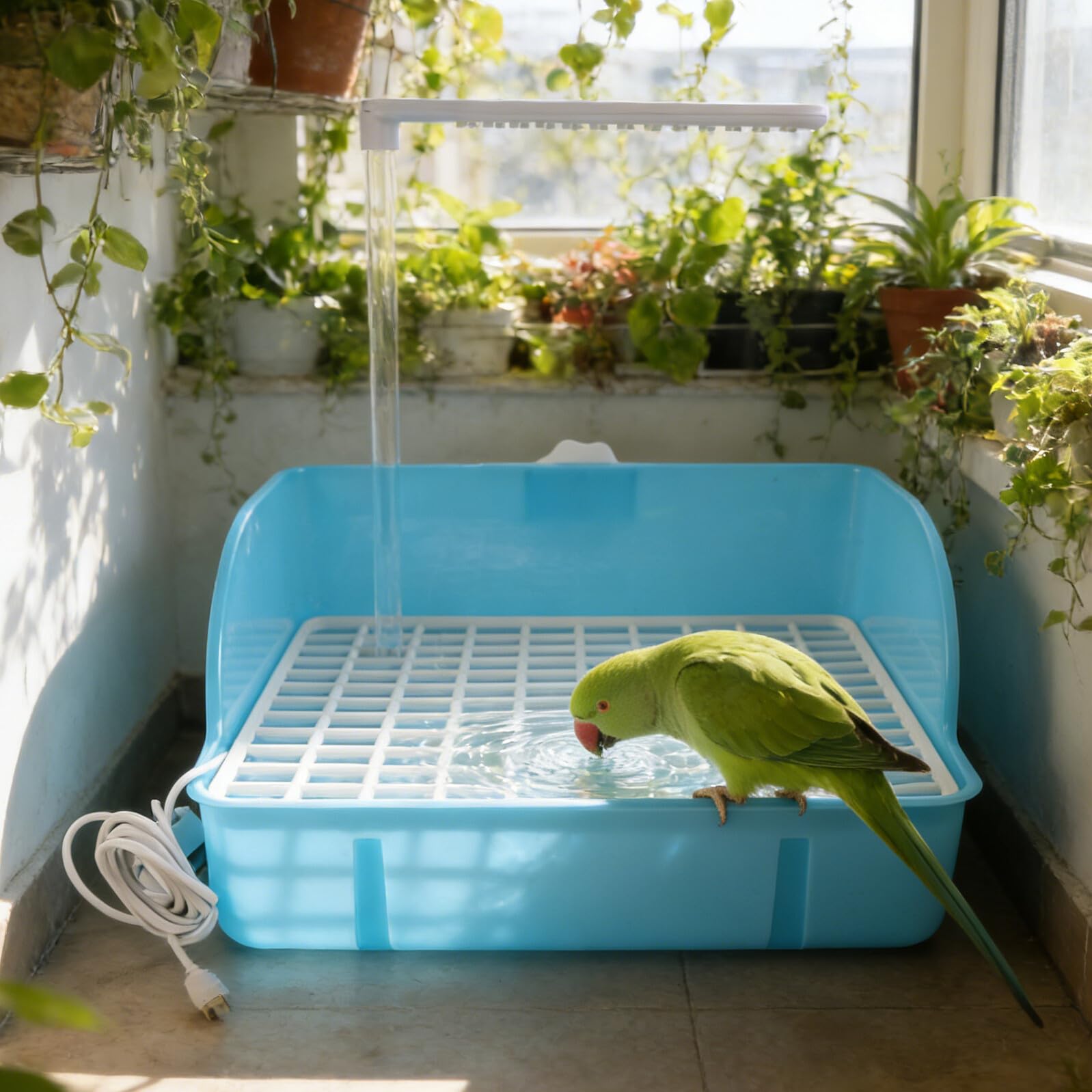 Gatuida Baño para Pájaros Ducha para Jaula, Bañera Interior para Loros y Periquitos, Accesorio de Plástico Azul Claro, Baño Portátil Sistema de Circulación de Agua para Mascotas Pequeñas