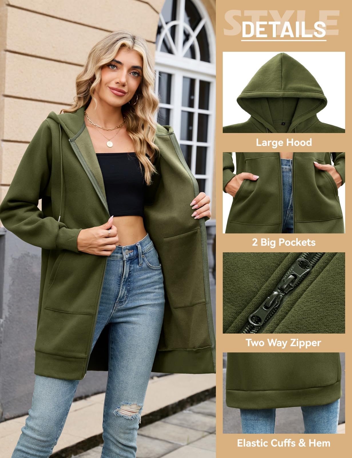 Yuson Girl Sudadera Mujer con Capucha Larga Algodón Chaqueta Forro Polar | Casual Sudaderas de Otoño para Invierno,Cardigan Elegante Deportiva Hoodie,con Cremallera y Bolsillos