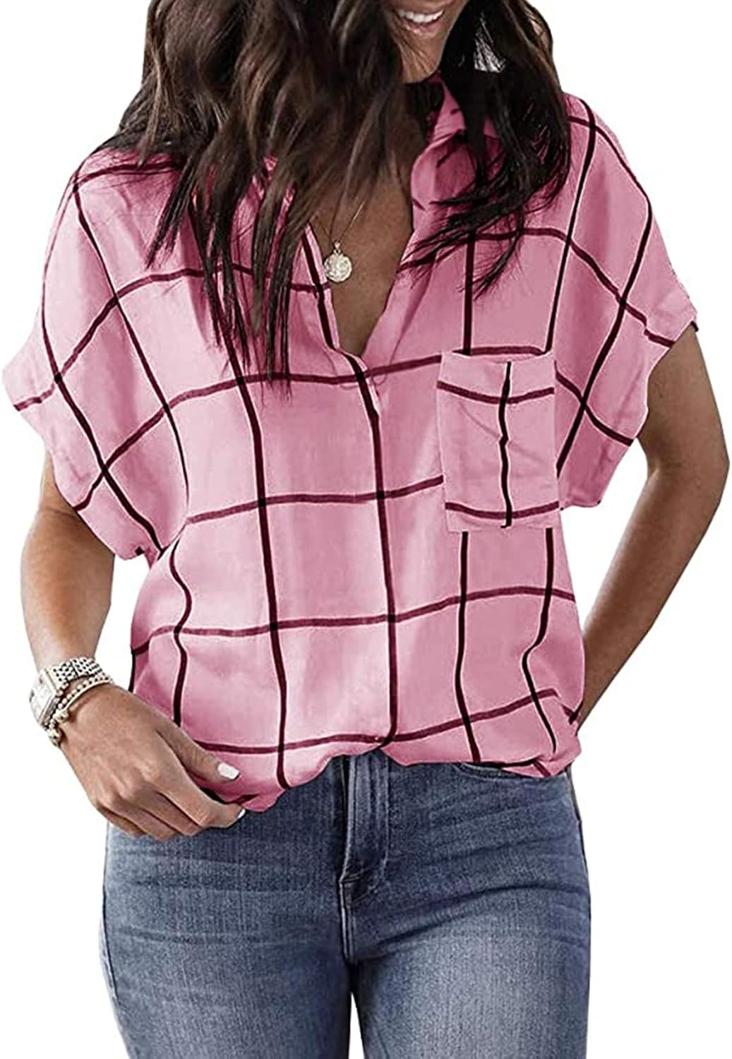 Chuanqi Womens Summer Shirt V Neck Collared Casual Plaid Cuffed Sleeve Blouse Tops with Pockets