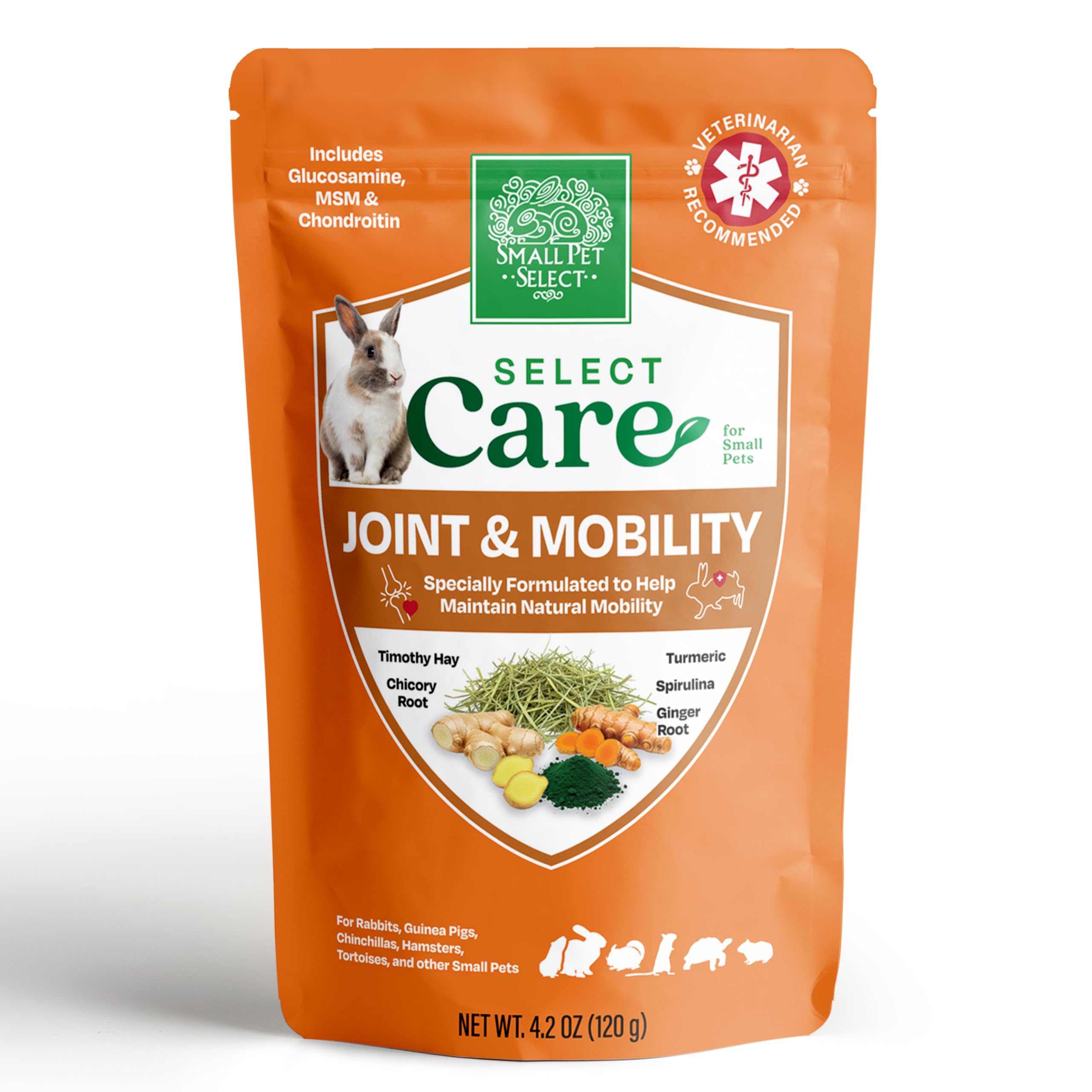 Small Pet Select Select Care Joint & Mobility Support, Timothy Hay Supplement with Natural Herbs for Rabbits, Guinea Pigs, Small Animals, 120g Resealable Pouch