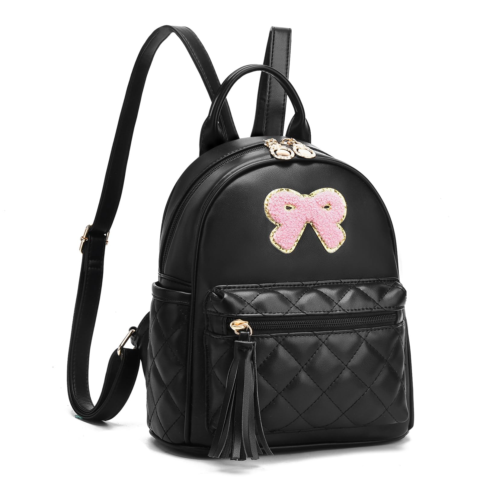 I IHAYNER Mini Backpcak for Girls Small Bowknot Quilted Leather Backpack Purse for Women Cute Trendy Stuff Gifts for Kids (Pure Black)