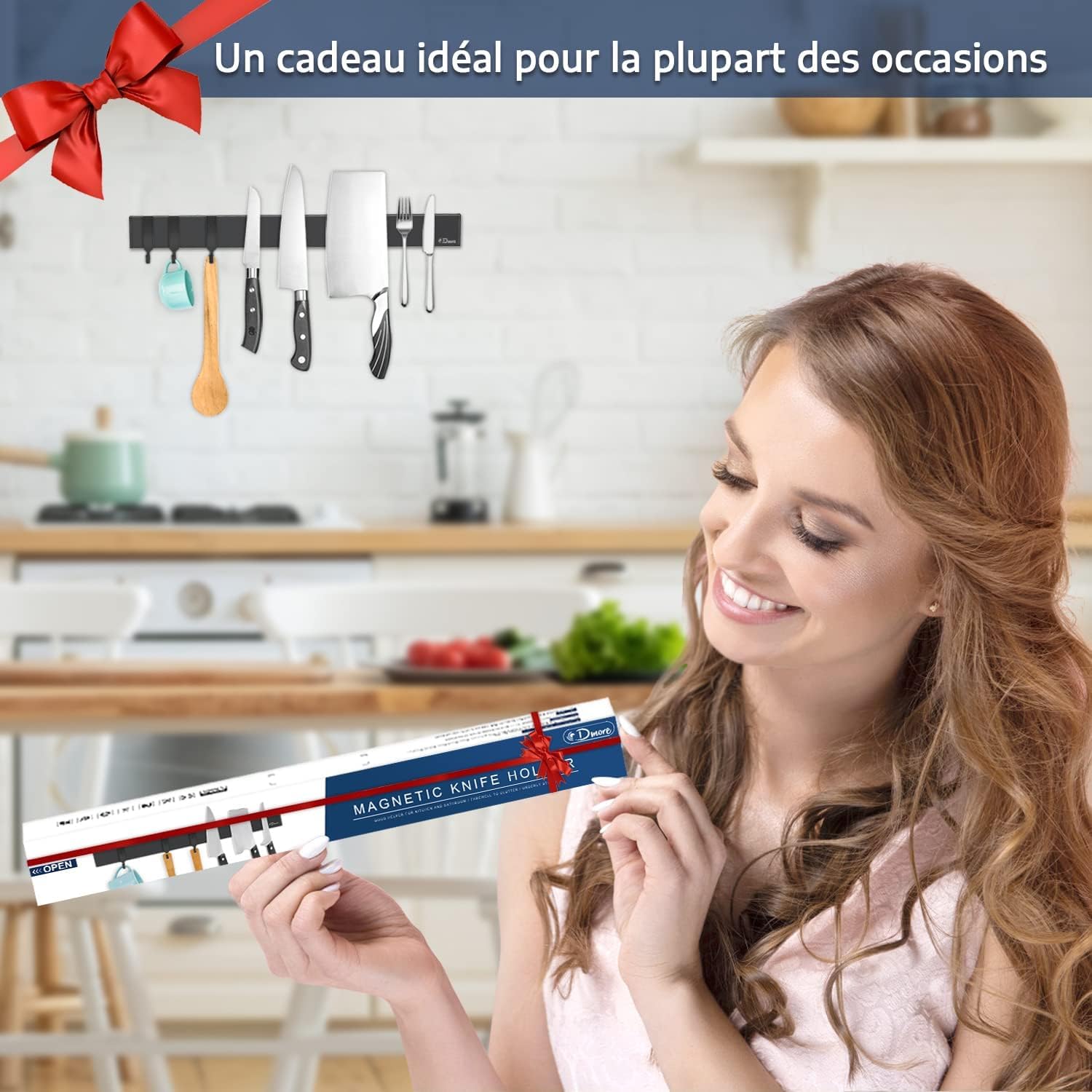 Porte Couteaux Aimanté Dmore avec 3 crochets, Range outeaux noire de 40 cm sans perçage, Extra-Fort aimant couteau, installation facultative avec bande adhésive ou vis pour une cuisine bien rangée