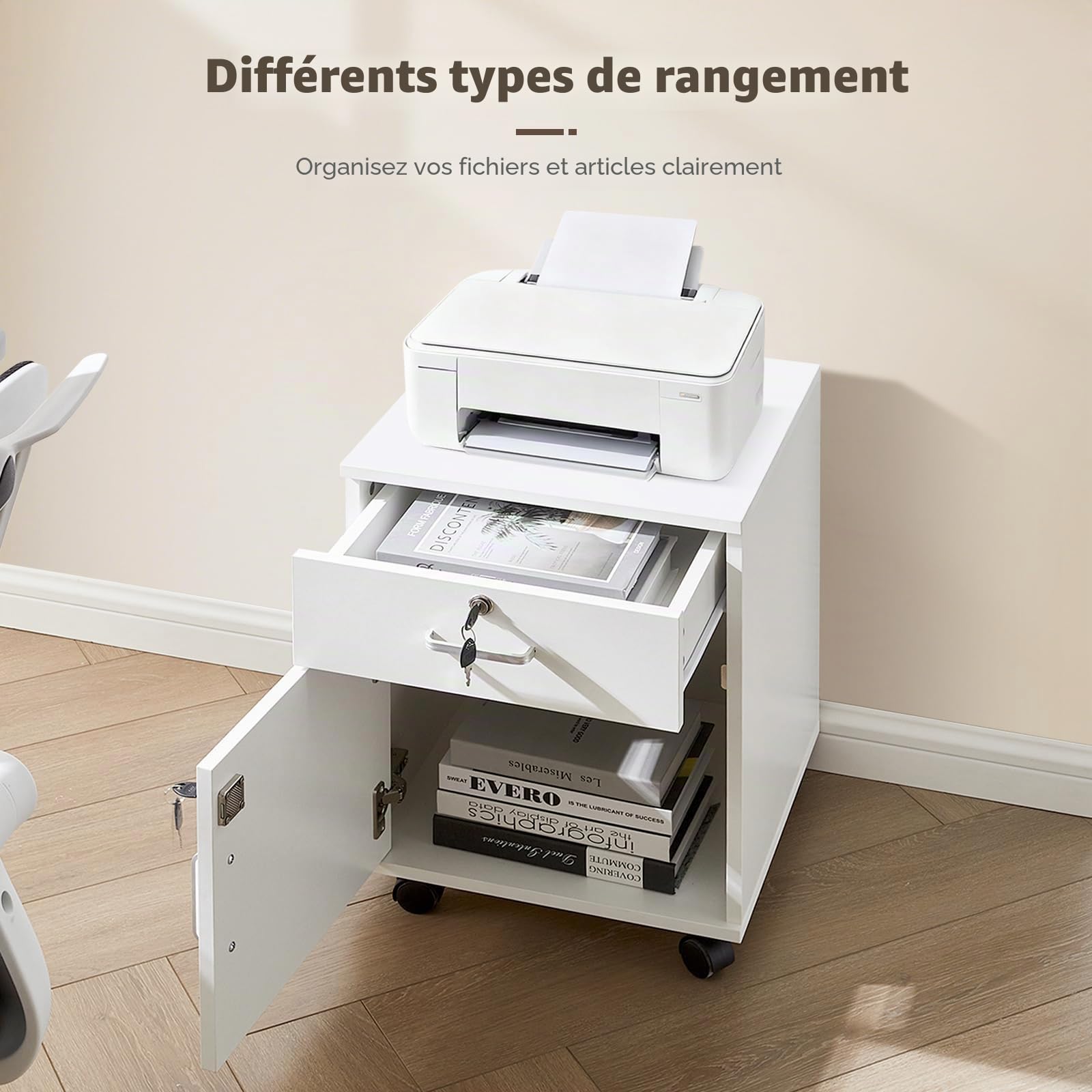 TUKAILAi Caisson de Bureau à roulettes, Meuble de Bureau à 2 tiroirs verrouillable, Caisson de Rangement Mobile, avec roulettes, pour Documents légaux Format A4 (Blanc)