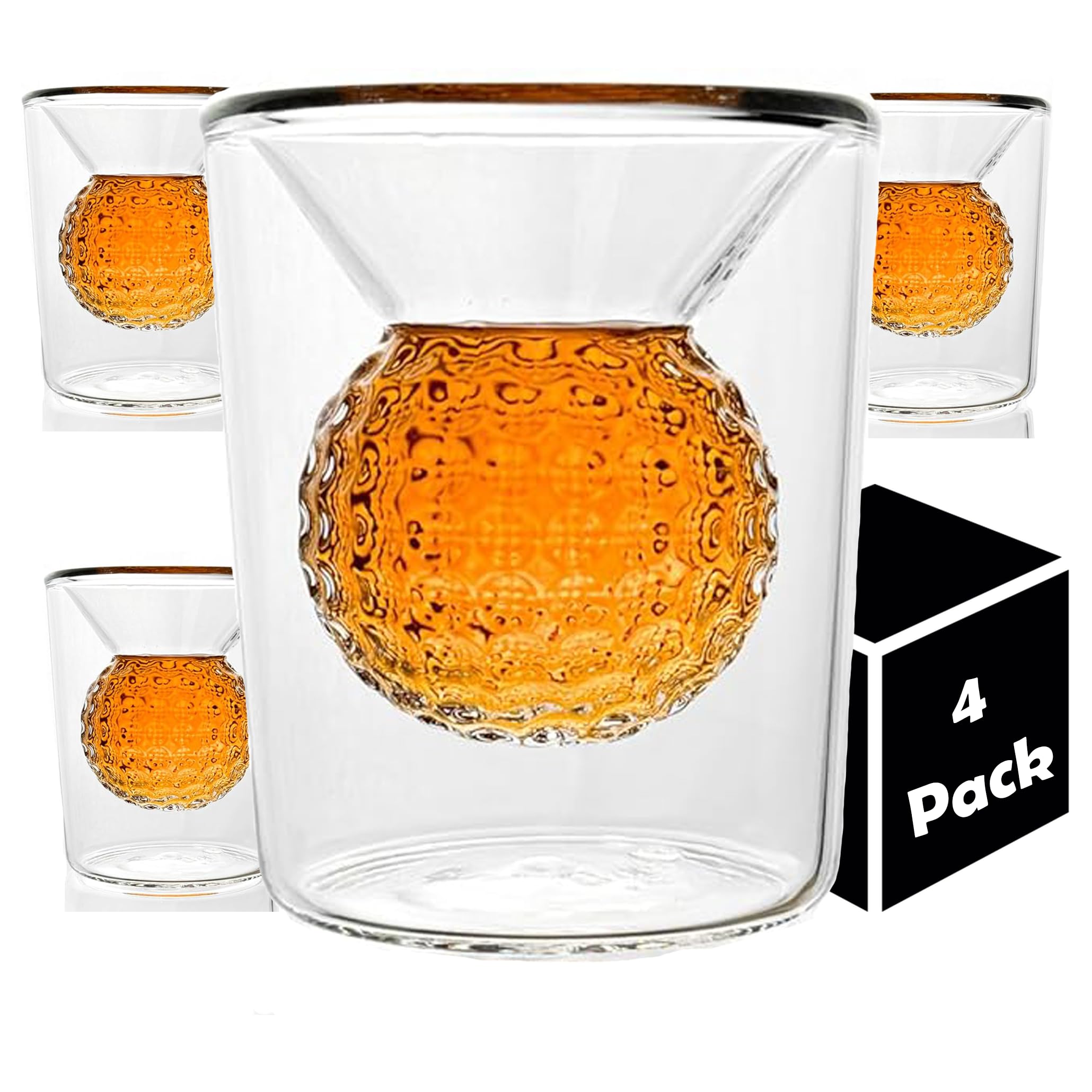 Quantum Lux Golf Ball Shot Glasse Set Funny Handmade Golf Gifts for Men - 2 oz Double Walled Glasses with 3D Shape Golf Ball Inside for Tequila, Scotch, Whiskey, Bourbon, and Cocktail (4) (4)