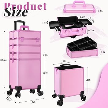 Professional Rolling Makeup Train Case with Lid, 5 in 1 Cosmetology Case on Wheels, Large Cosmetic Trolley Organizer Travel for Hairstylist Artist Nail Beauty Salon Barber, Pink
