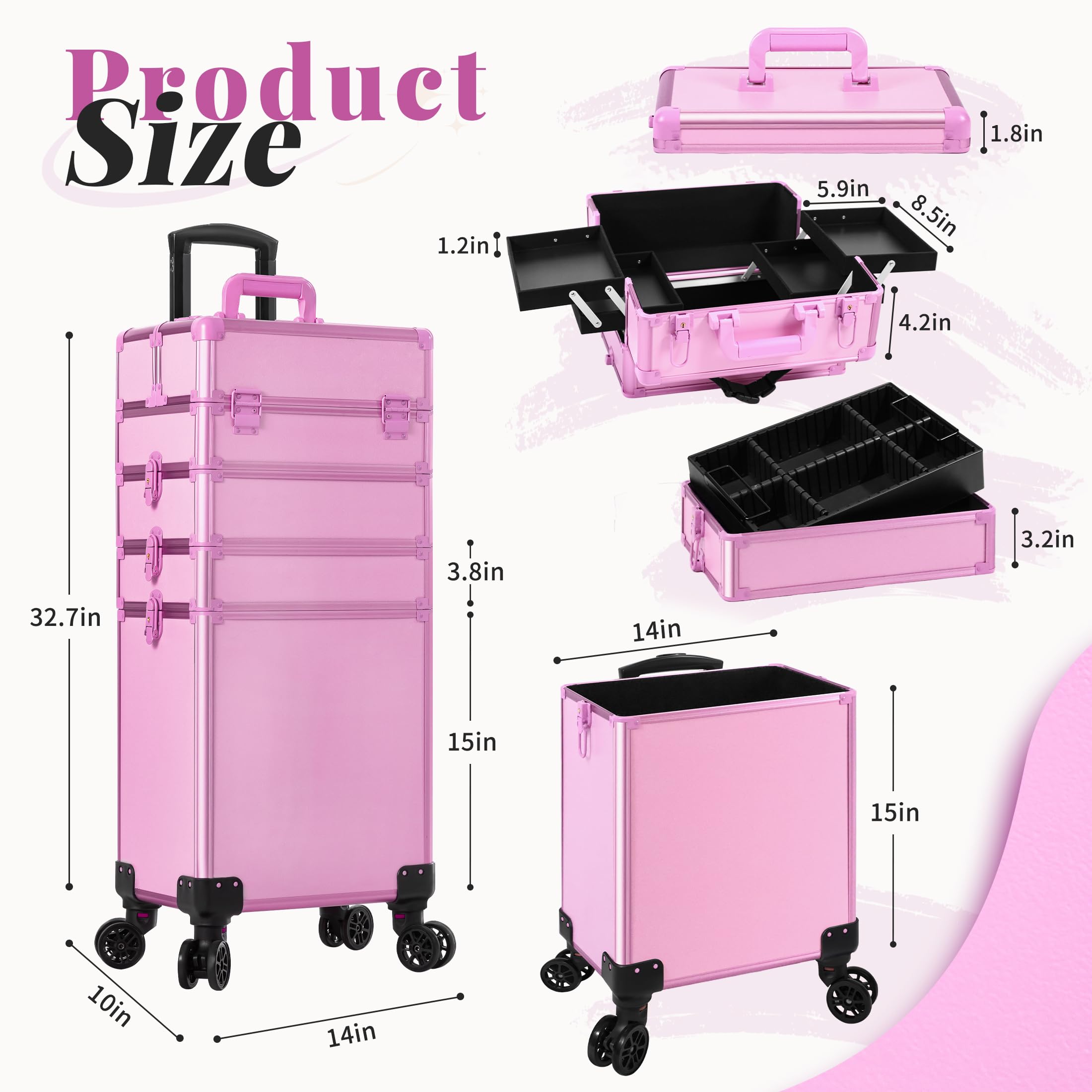 JINGUAN Profesional Rolling Makeup Train Case with Lid, 5 in 1 Cosmetology Case on Wheels, Large Cosmetic Trolley Organizer Travel for Hairstylist Artist Nail Beauty Salon Barber, Gravel Purple