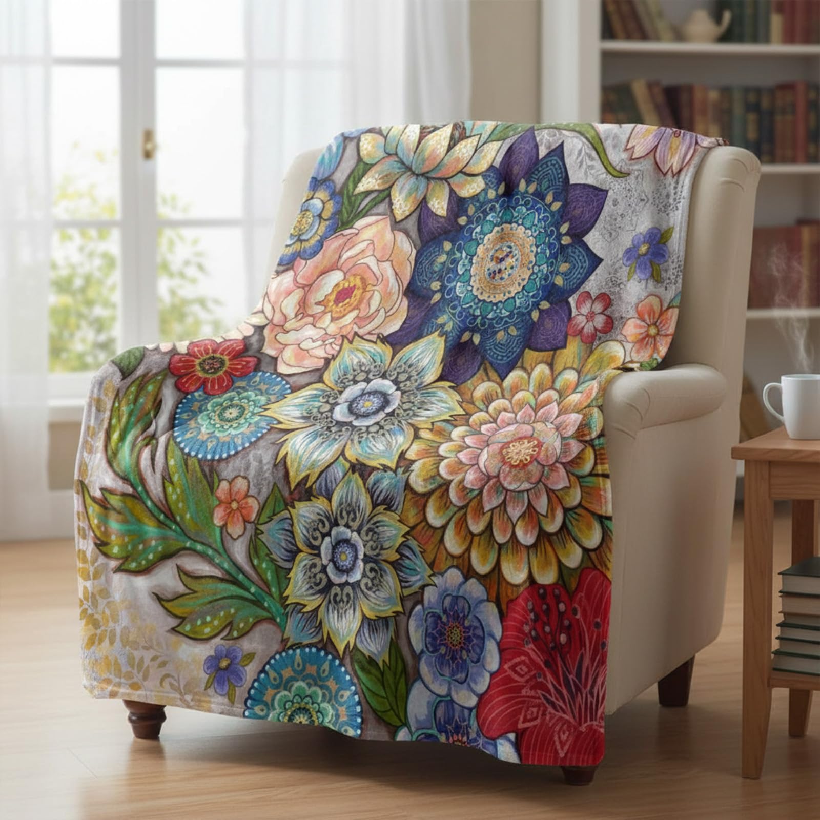 Neasow Floral Fleece Throw Blanket, Vibrant Color Boho Flowers