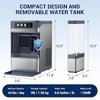 Nugget Ice Maker, 44Lbs/24H with 0.8 Gallon Tank, Soft Chewable Pellet Ice Ready in 5min Portable Ice Machine, Stainless Steels Ice Makers Countertop Self-Cleaning for Kitchens/Home/Office/Bar