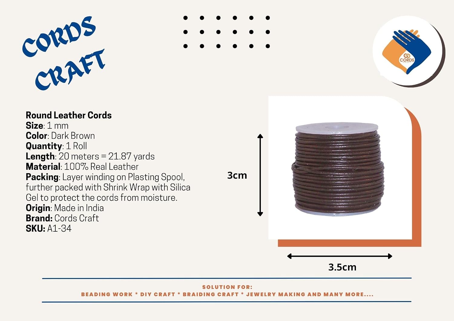 Round Leather String Cord 1mm for Making Jewelry, Hair Accessories, Beading Work, Wraps, DIY Crafts and Hobby Projects, Leather String Cord, Roll of 21.87 Yards (34 Dark Brown)