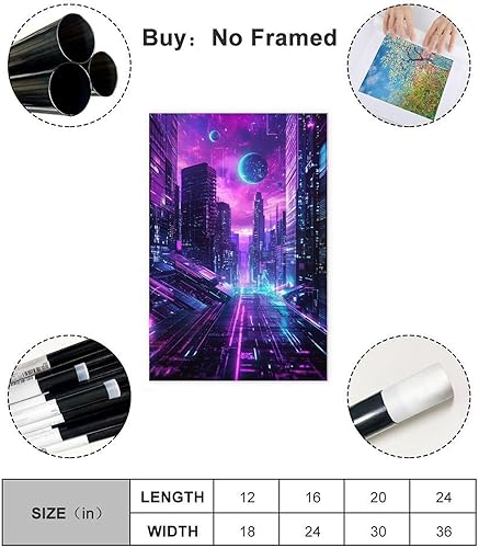Miniatura 2 de Futuristic Neon City Wall Art  Synthwave Aesthetic Poster with Grid & Planet Elements Modern Wall Prints Abstract Geometric Minimalist Art Framed