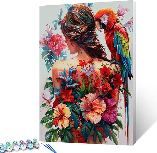 Tatuajes de espalda para mujer, pintura por números para adultos, pavo real y flores, pintura por números en lienzo, fácil de pintar para