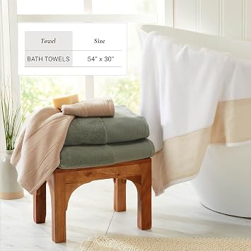 Green Bath Towel Set - Ultra-Soft 100% Cotton, Linen Like Border Design - 4 Bath Towels (54 x 30) - Absorbent, Quick-Dry, Lightweight Bathroom Towels