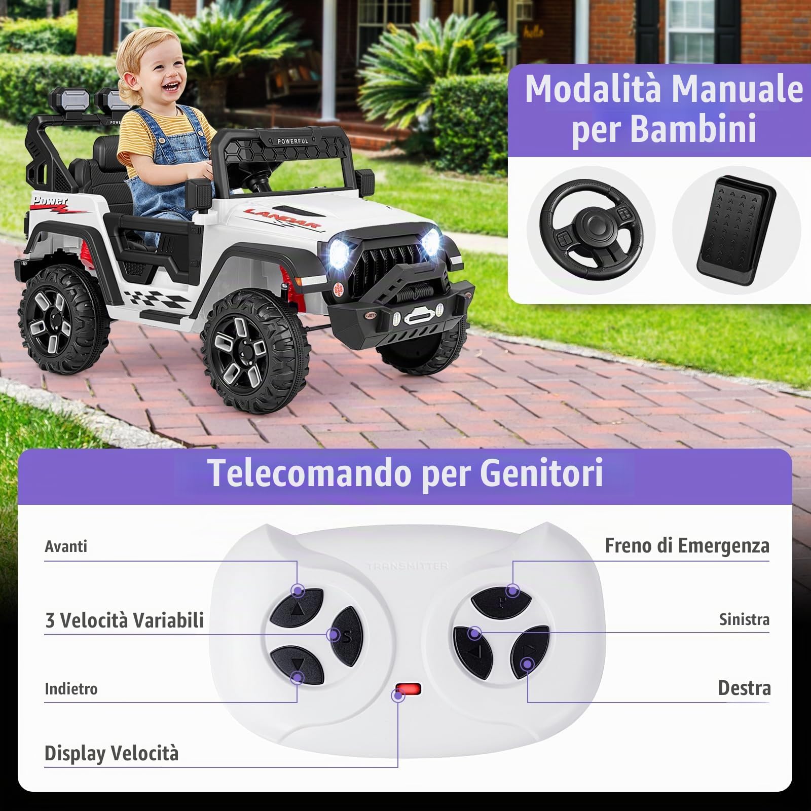 RELAX4LIFE Macchina Elettrica per Bambini 12 V con Telecomando,Porta USB, Musica e Luci, Avvio lento, 3 Velocità Regolabile 3-6 km/h, per 3 Anni+, Carico 30 kg,Avanti/Indietro/Destro/Sinistra (BIANCO)