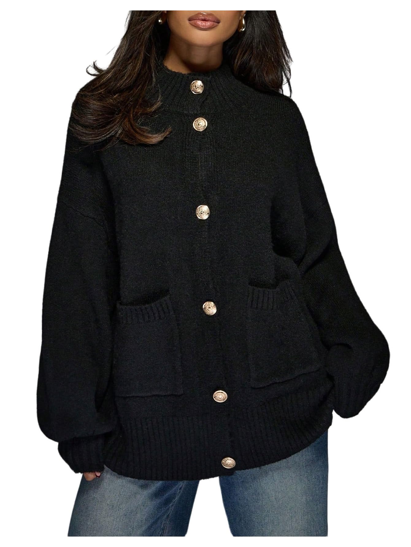 MakeMeChic Womens Long Sleeve Cardigan Mock Neck Button Down Sweater with Double Pocket