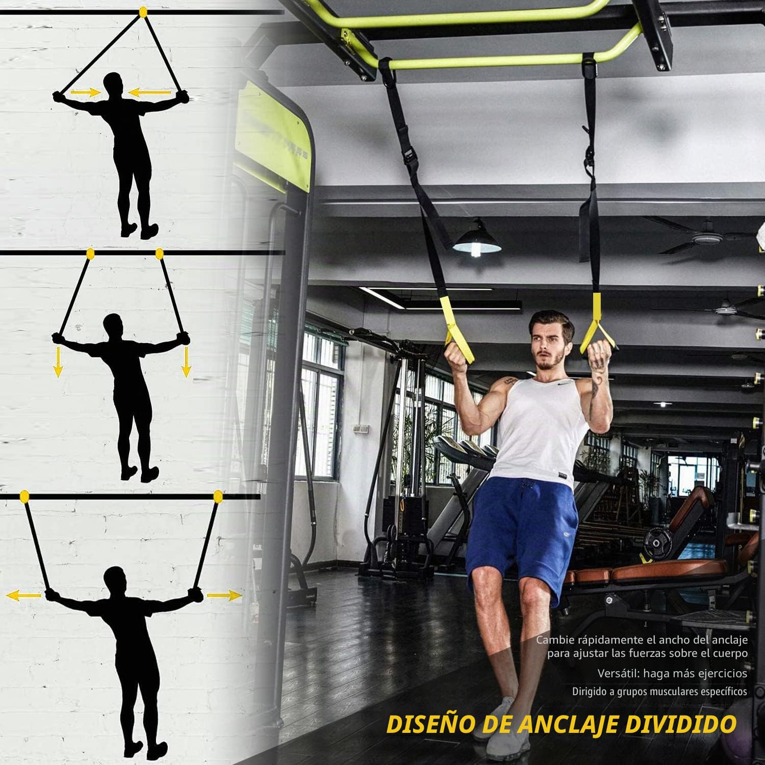 Equipo de entrenamiento de suspensión para gimnasio en casa, negro, metal, estilo exterior, con correas de extensión y anclaje de puerta