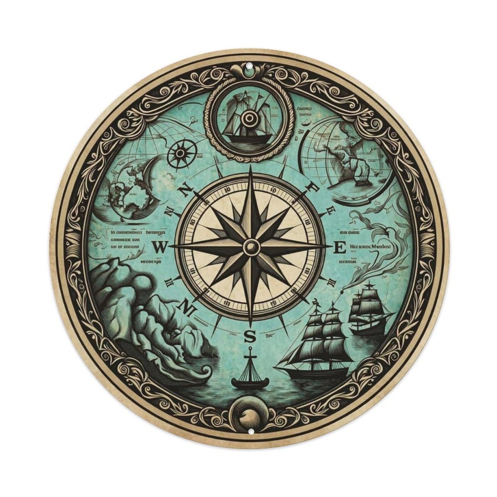 Vintage Nautical Compass World Map Seafaring Chronicle Metal Tin Sign