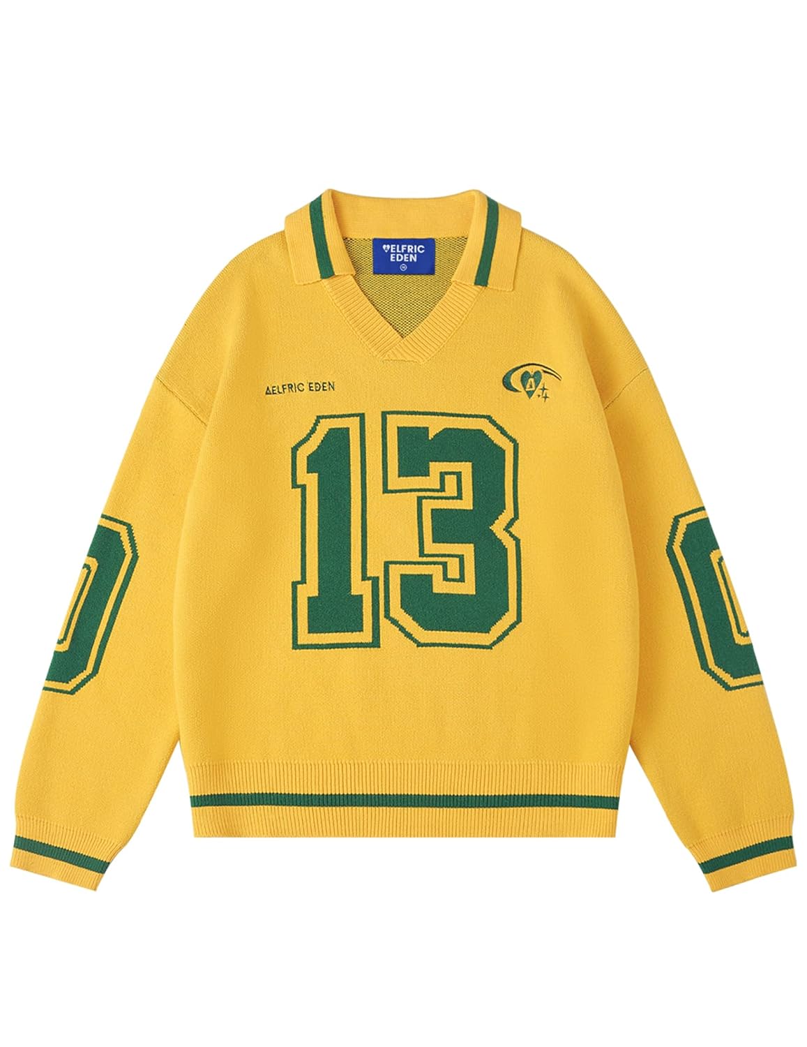 Aelfric Eden Graphic Polo Sweater Women Oversized V Neck Knit Sweaters Y2k Long Sleeve Pullover Vintage Number Sweater