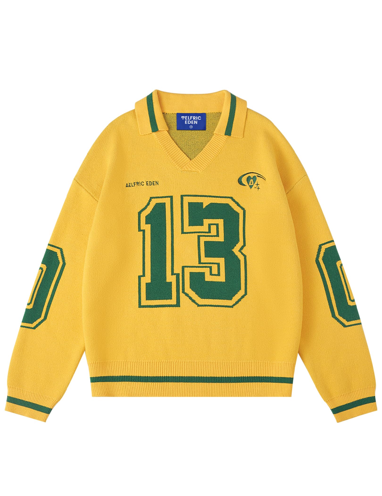 Aelfric Eden Graphic Polo Sweater Women Oversized V Neck Knit Sweaters Y2k Long Sleeve Pullover Vintage Number Sweater