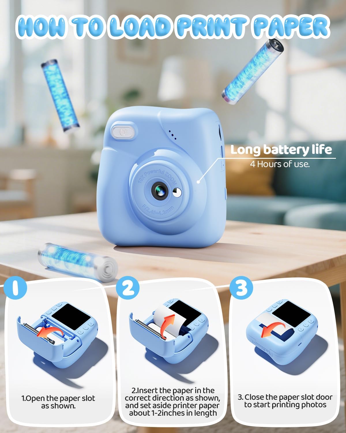 Kids Camera Instant Print, 1080P HD Kids Instant Camera with 32G Card & 3 Rolls Print Paper, Portable Toddler Toy, Christmas Birthday Gifts for Boys Girls Age 3-12 (Blue)